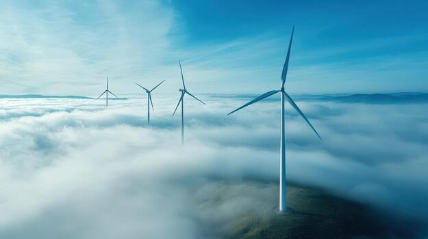Four wind turbines rising above a sea of clouds on a bright, clear day. photo