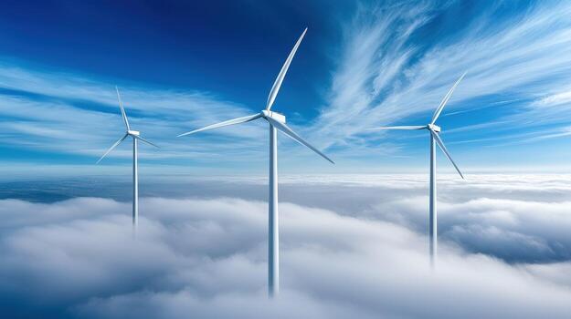Three white wind turbines emerging from fluffy clouds under a bright blue sky. photo