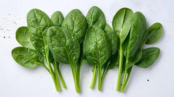 Fresh spinach leaves on a white background, ideal for promoting healthy eating, plant-based diets, and organic vegetables in cooking and nutrition content. photo