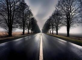 A road with trees on each side, realistic, depressing, middle of nowhere, hyper-realistic, depressing, realistic, ultra realistic photo
