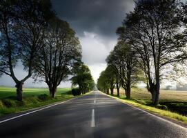 A road with trees on each side, realistic, depressing, middle of nowhere, hyper-realistic, depressing, realistic, ultra realistic photo