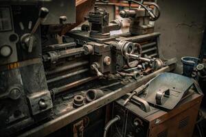 Old dusty metal lathe in metal workshop,haven't been used for a while photo