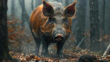 a pig is standing in the middle of a forest photo