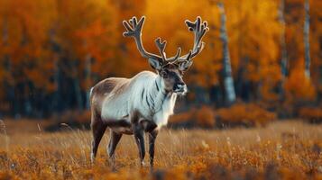 a deer standing in a field with trees in the background photo