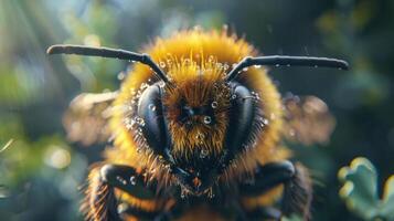 a close up of a bee with drops of water on its face photo