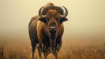 a bison standing in a field of tall grass photo