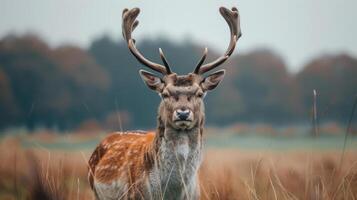 a close up of a deer in a field with trees in the background photo