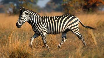 a zebra is walking through a field of tall grass photo