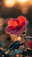 Red Flower with Dew Drops in Golden Sunrise Light photo