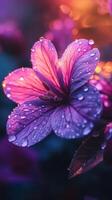 Closeup of a Purple Flower with Dew Drops in the Morning Light photo