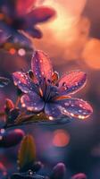 Dew Drops on Purple Flower at Sunrise Macro Photography photo