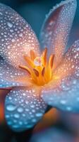 Close Up of Dew Drops on a Flower Petal at Sunrise photo