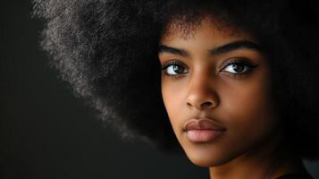 A portrait of a Black woman with an afro, looking directly into the camera, exuding self-assurance and pride photo