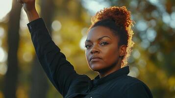 A portrait of an African American activist, raising her fist in the air, intense focus on her determined expression photo