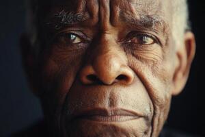 A wise older African man with deep wrinkles, radiating wisdom and strength, soft focus on his face photo