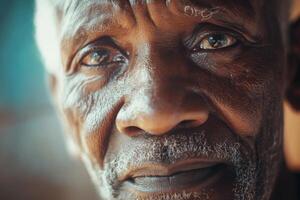 A wise older African man with deep wrinkles, radiating wisdom and strength, soft focus on his face photo