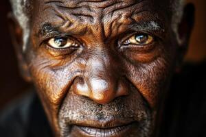 A wise older African man with deep wrinkles, radiating wisdom and strength, soft focus on his face photo