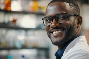 A close-up of a smiling Black scientist wearing glasses, standing proudly in a laboratory, blurred background filled with scientific equipment photo