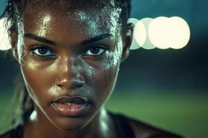 A close-up portrait of a Black female athlete, sweat on her brow, with a determined look after a victorious match, background stadium lights blurred photo