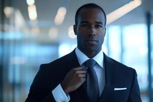 A confident Black businessman adjusting his tie, with a powerful gaze, blurred office background photo