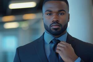A confident Black businessman adjusting his tie, with a powerful gaze, blurred office background photo