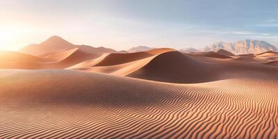 Rippled sand patterns leading towards towering dunes, soft sunlight photo