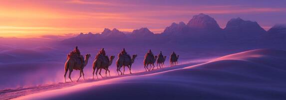 A camel caravan crossing vast desert dunes at dusk, warm light on the sand photo