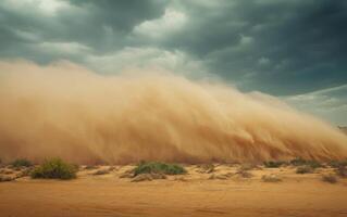 A sandstorm moving across the desert dunes, dramatic sky photo