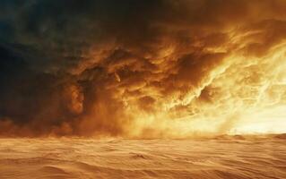 A sandstorm moving across the desert dunes, dramatic sky photo