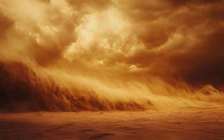 A sandstorm moving across the desert dunes, dramatic sky photo