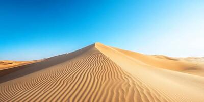 A single wind-sculpted sand dune in the vast desert, clear blue sky above photo