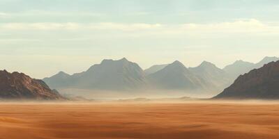 Distant mountains barely visible through desert haze, sand dunes in the foreground photo