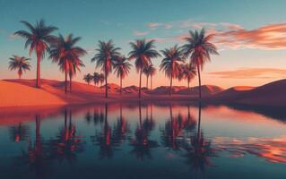 An oasis surrounded by sand dunes, palm trees reflecting on water, twilight photo