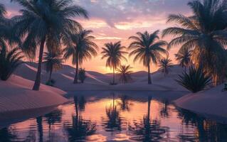 An oasis surrounded by sand dunes, palm trees reflecting on water, twilight photo