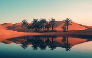 An oasis surrounded by sand dunes, palm trees reflecting on water, twilight photo