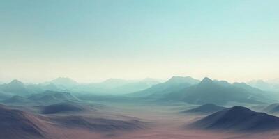 Distant mountains barely visible through desert haze, sand dunes in the foreground photo