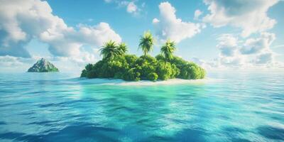 A small island with lush greenery, surrounded by crystal clear waters, sunny day photo