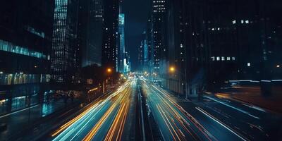 A time-lapse effect of traffic lights creating trails in the city at night, skyscrapers towering above photo