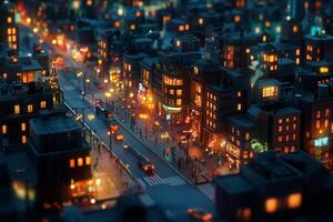An aerial view of a vibrant city with busy streets and illuminated buildings, night scene photo
