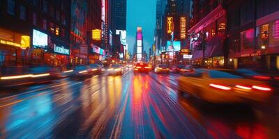 A bustling downtown street illuminated by neon lights, cars streaking by photo