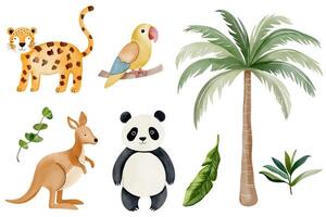 Watercolor jungle animals and palm tree. Wild panda, parrot, kangaroo, leopard. Hand drawn safari set. vector