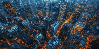 A futuristic cityscape with towering buildings and high-tech lights, aerial view at night photo