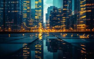 A modern urban skyline with reflective glass buildings, glowing in the dark photo
