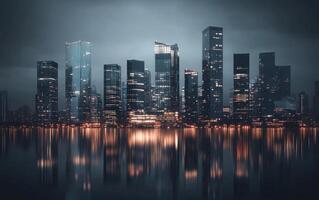 A modern urban skyline with reflective glass buildings, glowing in the dark photo