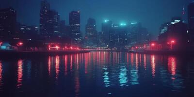 A riverfront view of a city skyline with towering buildings and glowing lights reflected in the water photo