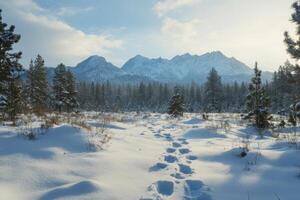 Footsteps leading through fresh snow in a pine forest, mountains in the distance photo