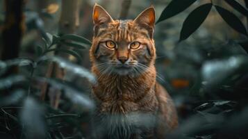 a close up of a cat in a forest photo
