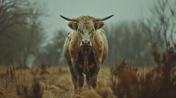 a cow standing in a field with trees in the background photo