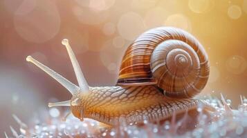 a close up of a snail on some grass photo
