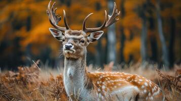 a close up of a deer in a field with trees in the background photo